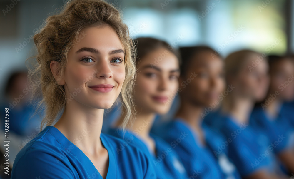 Fototapeta premium Group of Medical Students Attending Lecture in Blue Scrubs