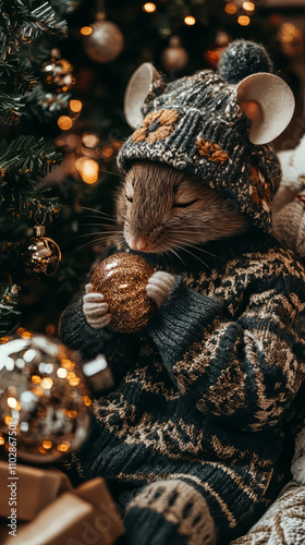 a cute mouse decorating christmas tree, fire place, cosy, wearing a cosy sweater, funny sleep hat, winter christmas atmosphere.