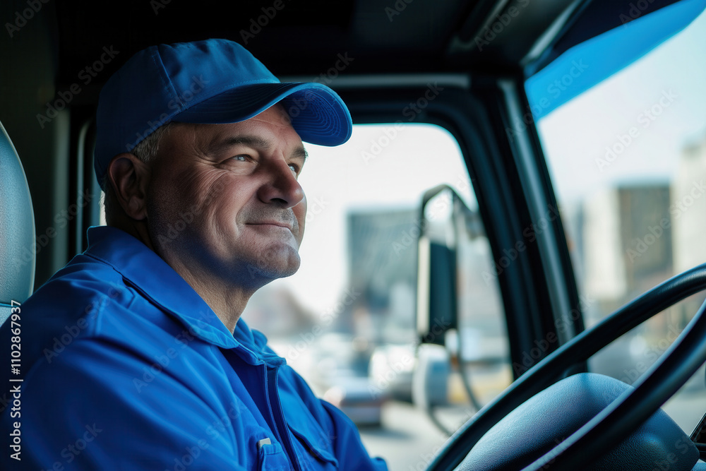 Content truck driver in blue uniform navigating city streets Content truck driver in blue uniform navigating city streets