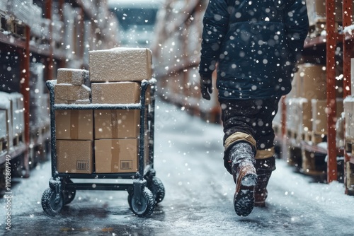 A worker dressed in warm winter clothes pushes a cart loaded with boxes along a snowy path photo