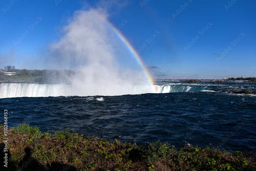 Niagara Falls - Niagara River flowing over the Falls with Rainbow