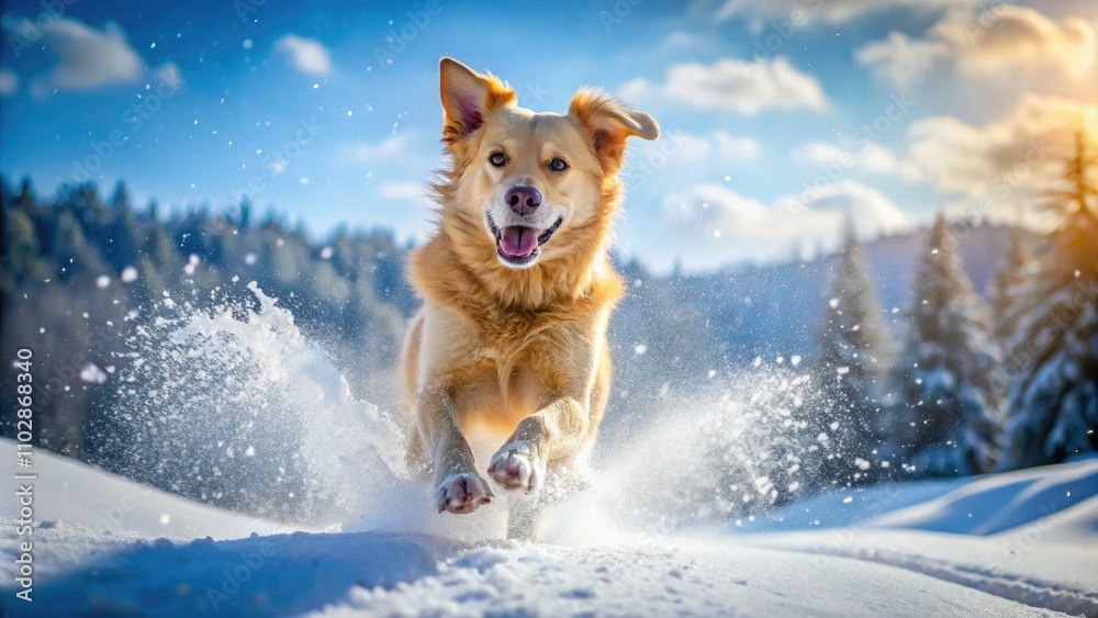 Joyful Dog Leaping Through Fresh Snow in Winter Wonderland, Playful Canine Enjoying the Cold Season Fun Joyful Dog Leaping Through Fresh Snow in Winter Wonderland, Playful Canine Enjoying the Cold Season Fun