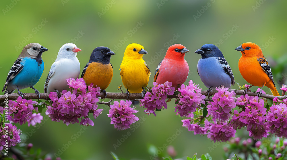 A group of beautiful birds perched on the branch, including a white canary, green-headed finch.