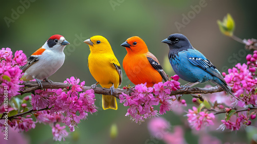 A group of beautiful birds perched on the branch, including a white canary, green-headed finch.