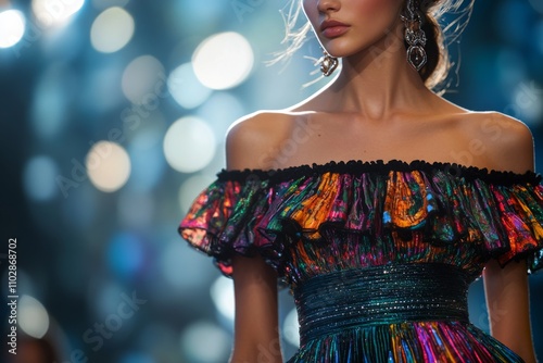 Colorful Off Shoulder Dress Fashion Model Bokeh Background Runway Glamorous Festive Summer Style photo