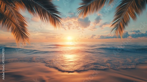 Tropical Beach Sunset, vibrant hues fill the sky above a serene beach, golden sand meets softly lapping waves, silhouetted palm trees sway, evoking a tranquil vacation vibe photo