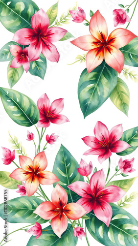 Tropical flowers in watercolour on white background with intricate patterns of leaves and stems,  watercolour artwork,  tropical paradise,  floral design