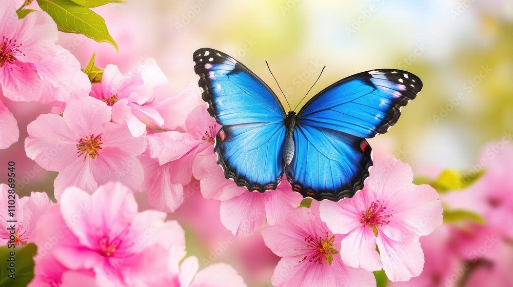 Naklejka premium Vibrant Blue Butterfly on Delicate Pink Cherry Blossom Flowers