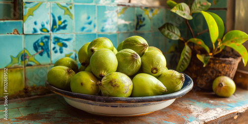 Wallpaper Mural Fresh green guavas in a rustic bowl with decorative tiles and potted plant Torontodigital.ca