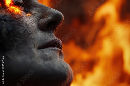 A woman's face is shown with a glowing red eye and surrounded by flames