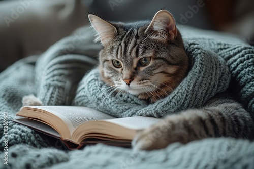 Woman lying on a bed with her cat, reading a book and sipping tea in a cozy setting.
