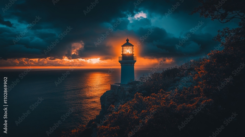 Beautiful Lighthouse Standing on a Coastal Cliff Against Dramatic Sunset Sky with Dark Clouds and Glimmering Ocean Reflections Beautiful Lighthouse Standing on a Coastal Cliff Against Dramatic Sunset Sky with Dark Clouds and Glimmering Ocean Reflections