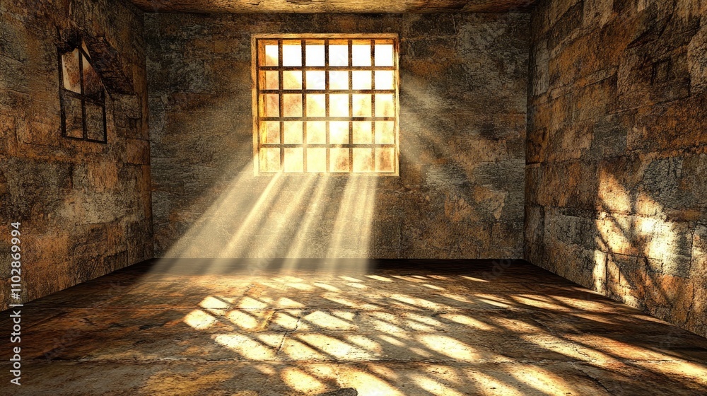 Sunlight Beams Through Window in Abandoned Rustic Room Interior Sunlight Beams Through Window in Abandoned Rustic Room Interior