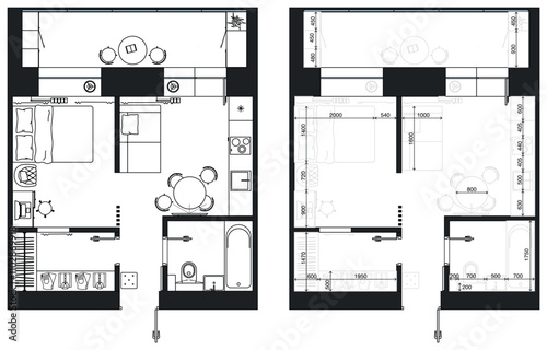 Floor plan with arrangement of furniture, view from above. Architectural measuring plan of apartment. Interior design project. Elements of kitchen, bedroom, bathroom, living room. Vector
