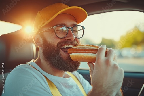 Bearded man eating hot dog inside car glasses yellow cap joyful expression warm lighting