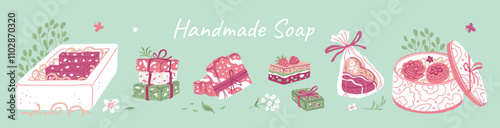Handmade natural soap vector banner design, soap brick package box decorated with flowers, bow, bathing aroma cosmetics