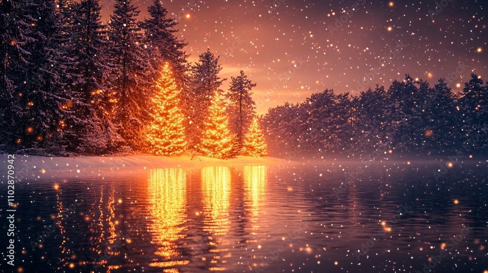 Glowing Christmas Trees in Soft Snowy Landscape Glowing Christmas Trees in Soft Snowy Landscape