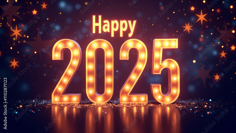 Happy New Year 2025 with illuminated numbers. Festive celebration concept. Happy New Year 2025 with illuminated numbers. Festive celebration concept.