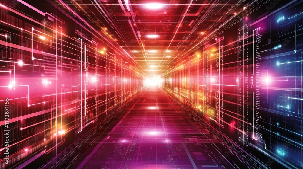 Abstract Digital Tunnel with Colorful Lights and Lines Abstract Digital Tunnel with Colorful Lights and Lines