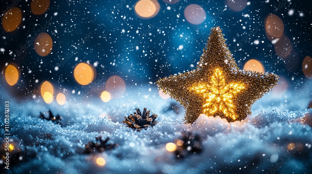 Fototapeta premium Glowing Star Ornament with Snowy Background