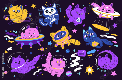 Space-themed cat adventures vector illustration set
