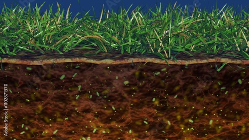 Soil microbiome. Bacteria, microbes in soil. Many micro-organisms in soil. Microscopic life underground in earth. 3d render illustration