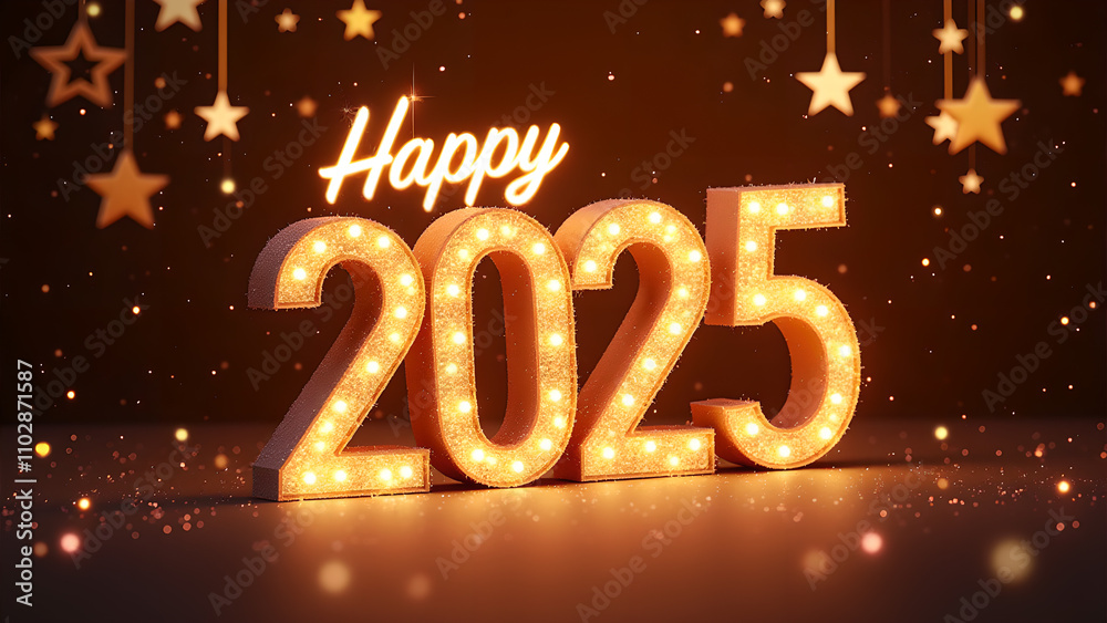Happy New Year 2025 with glowing lights. Concept of celebration, holiday, and party. Happy New Year 2025 with glowing lights. Concept of celebration, holiday, and party.