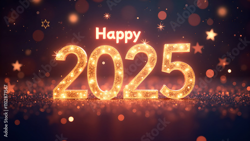 Happy New Year 2025 Glowing Numbers. Concept of celebration, holiday, and future.