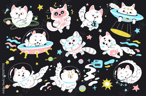 Vector illustration of a set of space cats in flat style.