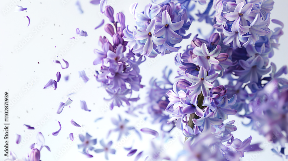 Background of delicate purple hyacinths. A beautiful light purple spring flower on a white background. The flower is in full bloom, it has many petals, which gives it a bright and cheerful appearance Background of delicate purple hyacinths. A beautiful light purple spring flower on a white background. The flower is in full bloom, it has many petals, which gives it a bright and cheerful appearance