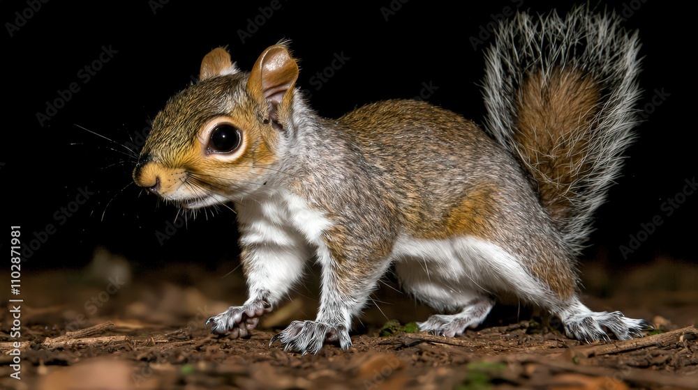 Fototapeta premium Adorable Grey Squirrel at Night Wildlife Nature Close up Mammal Animal Portrait Rode