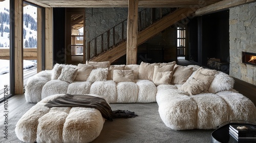 Cozy alpine living room with fluffy white sofa and rustic wooden interior
