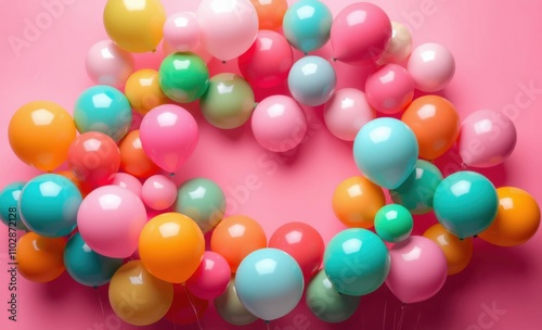 Colorful balloons on pink backdrop birthday backdrop Ultra realistic Photorealistic 