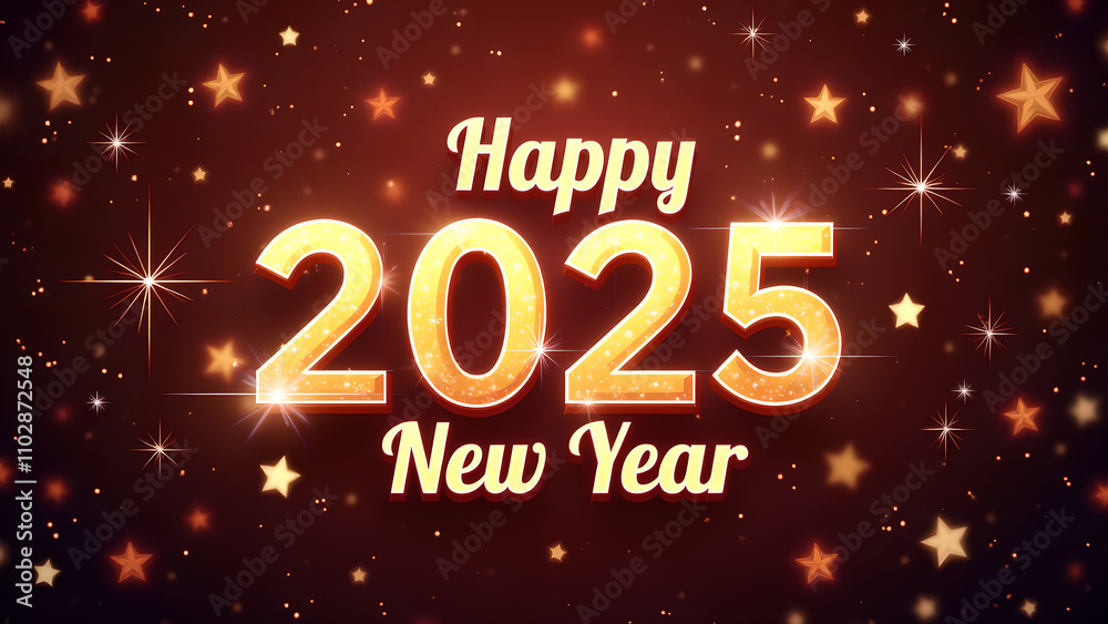 Happy New Year 2025 with golden text and stars. Holiday celebration concept. Happy New Year 2025 with golden text and stars. Holiday celebration concept.