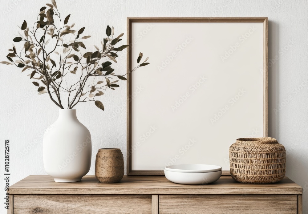 Minimalist Vase with Twisted Branches on Wooden Table with White Plate and Empty Canvas Background Minimalist Vase with Twisted Branches on Wooden Table with White Plate and Empty Canvas Background