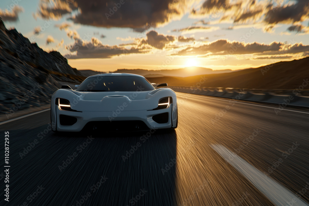 A white sports car is driving down a road at sunset A white sports car is driving down a road at sunset