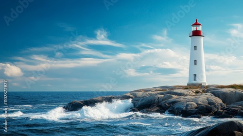 Wallpaper Mural Lighthouse on Rocky Coastline, an iconic structure overlooking turbulent waves, representing steadfast guidance and safety amidst nature's powerful forces. Torontodigital.ca