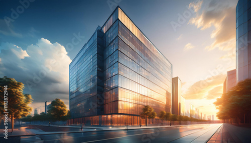Sleek, modern office building towering into the sky, its glass façade reflecting soft clouds