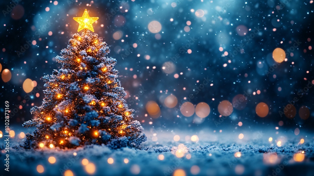 Glowing Christmas Tree with Golden Lights in the Snow Glowing Christmas Tree with Golden Lights in the Snow