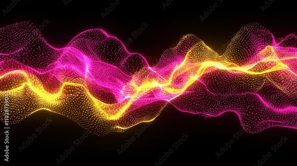 Obraz premium Flowing Sound Waves in Magenta and Yellow with Glowing Light Effects on a Dark Background