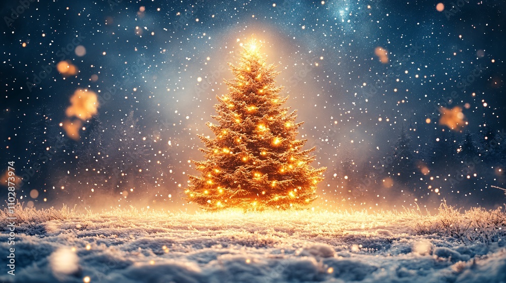 Shining Christmas Tree in Peaceful Winter Scene Shining Christmas Tree in Peaceful Winter Scene