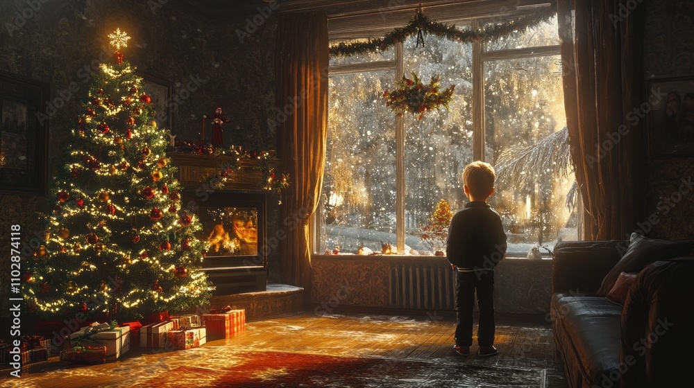 A young boy stands in front of a Christmas tree