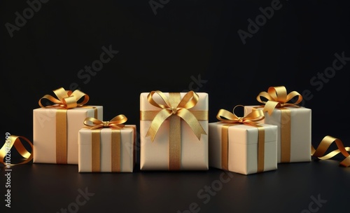 Elegant wrapped gifts with golden ribbons on a dark background perfect for holiday celebration and special occasion themes birthday backdrop Ultra realistic Photorealistic  photo