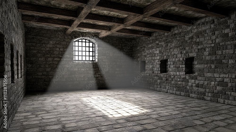 Empty Stone Room with Window and Light Beam in Dark Environment Empty Stone Room with Window and Light Beam in Dark Environment