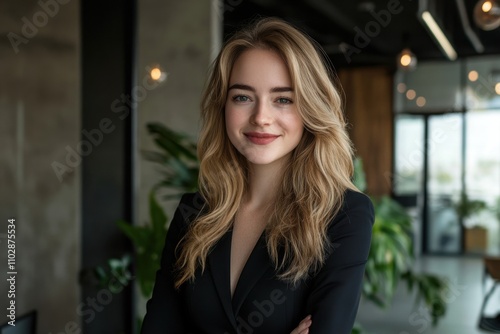 Free Download Confident businesswoman smiling while standing at office - GFXLoad