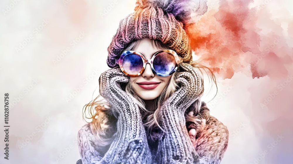 Playful Winter Vibes: Bold Young Woman in Colorful Knitwear with Oversized Sunglasses - Perfect for a Vibrant Sports Interior Poster! Playful Winter Vibes: Bold Young Woman in Colorful Knitwear with Oversized Sunglasses - Perfect for a Vibrant Sports Interior Poster!
