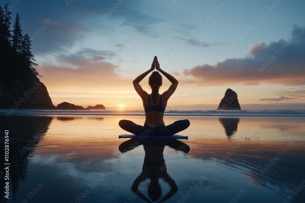 A woman is sitting on a mat on the beach, practicing yoga A woman is sitting on a mat on the beach, practicing yoga