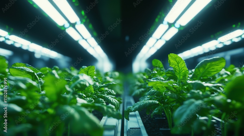 A futuristic hydroponic farm with rows of green vegetables growing under LED lights. A futuristic hydroponic farm with rows of green vegetables growing under LED lights.