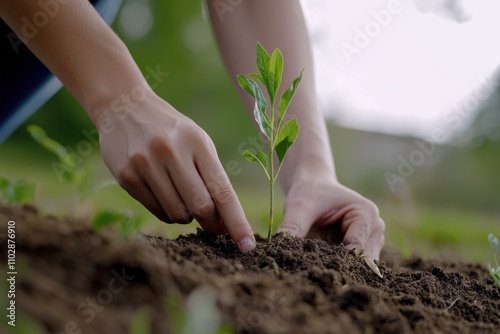 A person is planting a small tree in the dirt