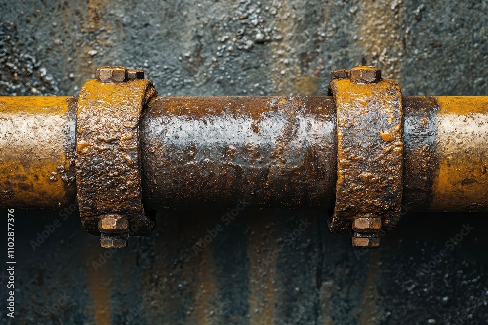 Close-Up View of Rusty Industrial Pipe with Corroded Surface and Yellow Clamps on a Weathered Metallic Background for Engineering and Construction Themes Close-Up View of Rusty Industrial Pipe with Corroded Surface and Yellow Clamps on a Weathered Metallic Background for Engineering and Construction Themes